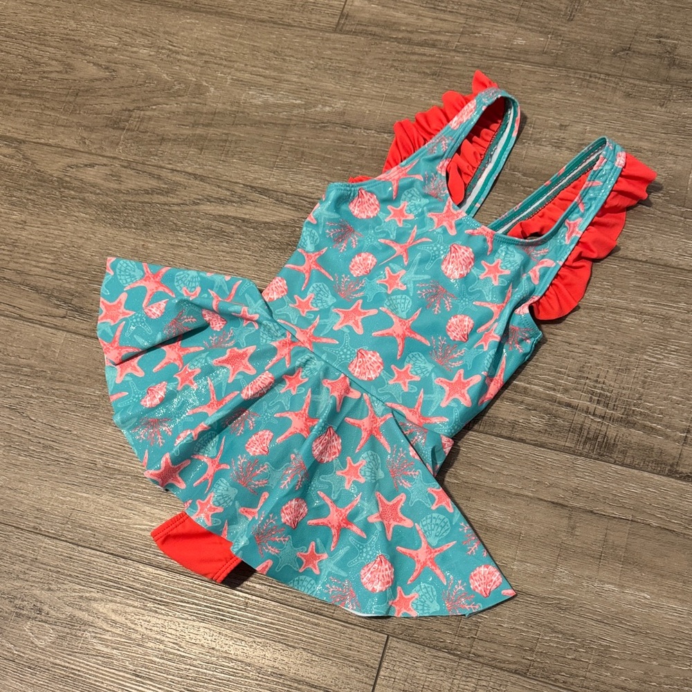 Girls One-Piece Seashell Skater Swimsuit with Ruffle Straps - Teal & Coral